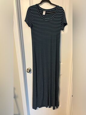 Tommy Bahama Navy and Teal Striped Short Sleeve Maxi Dress